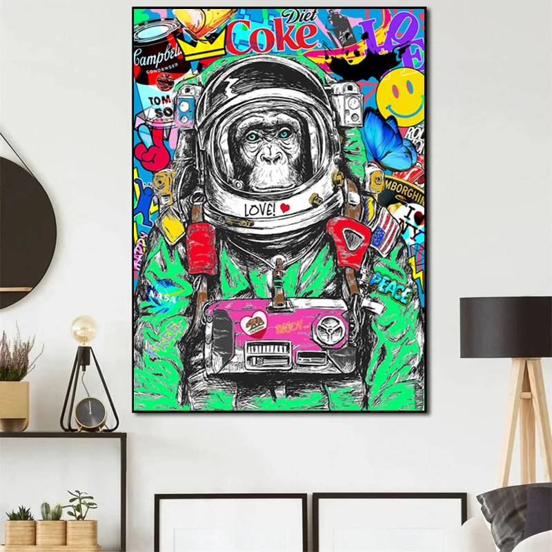 

Canvas Painting Graffiti Pop Art Space Monkey Poster Print Funny Animal Wall Art Picture for Living Room Home Decor Cuadros