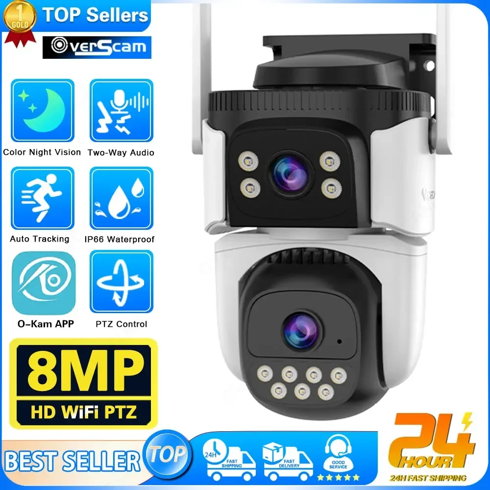 

Outdoor Wifi PTZ Camera 4K 8MP HD Dual-Lens Dual Screen Camera AI Auto Tracking 4MP Video Surveillance Police Light Alarm O-Kam