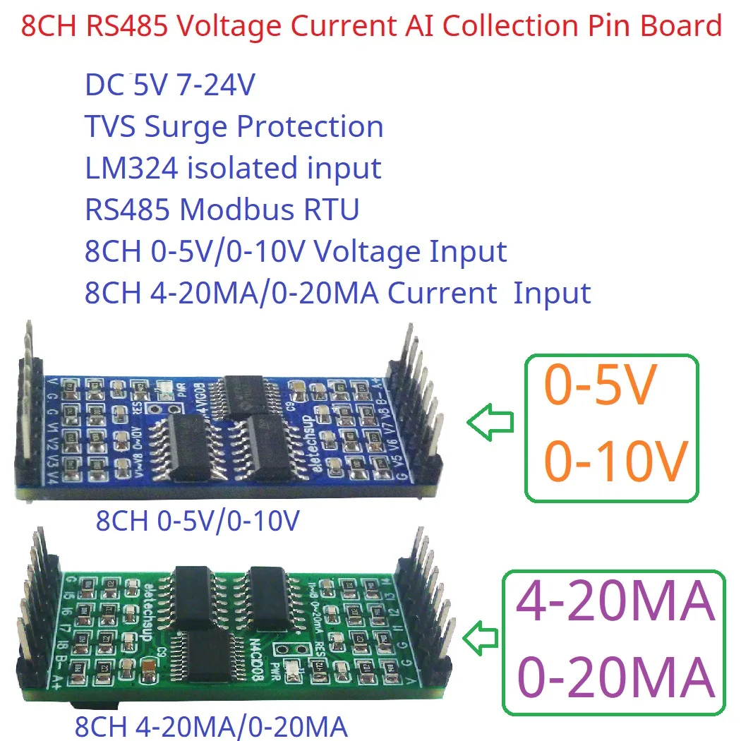 8-kanałowy moduł ADC konwersji analogowo-cyfrowej 0-5V 0-10V 4-20MA 0-20MA napięcie prądu do RS485 Modbus PinBoard PLC Remote IO DIY