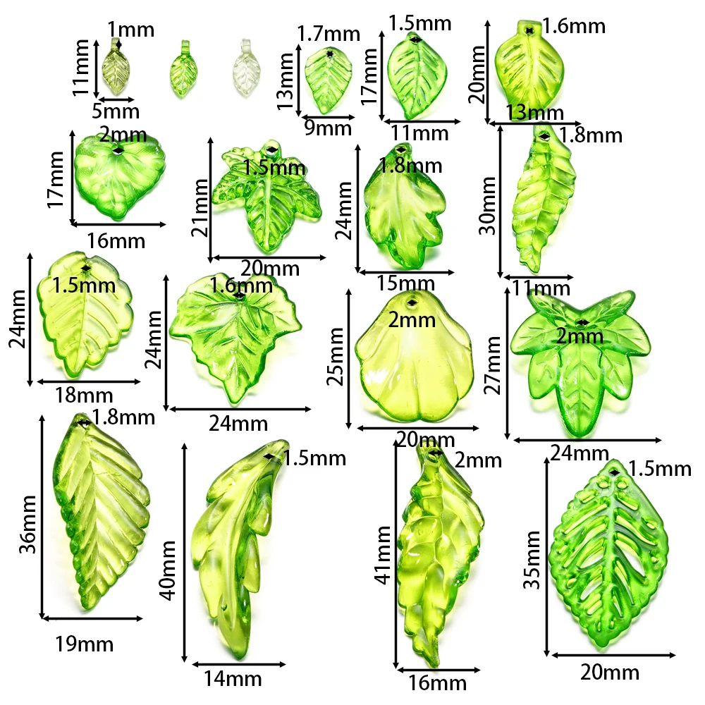 จี้อะคริลิคใบไม้สีเขียว10-100ชิ้นจี้ลูกปัดสำหรับสร้อยคอสร้อยคอแบบทำมือต่างหูเครื่องประดับงานฝีมือทำมือ