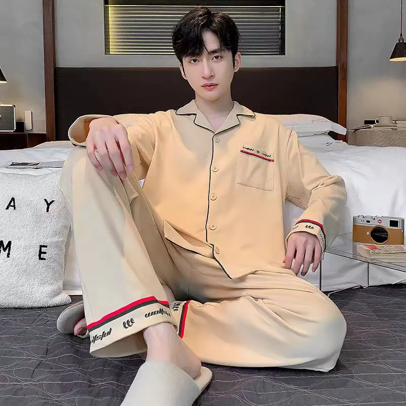 

Men's Pajamas Casual Long-Sleeved Spring and Autumn Extra Large Plus Size Loose 150kg Thin Style Loungewear Set