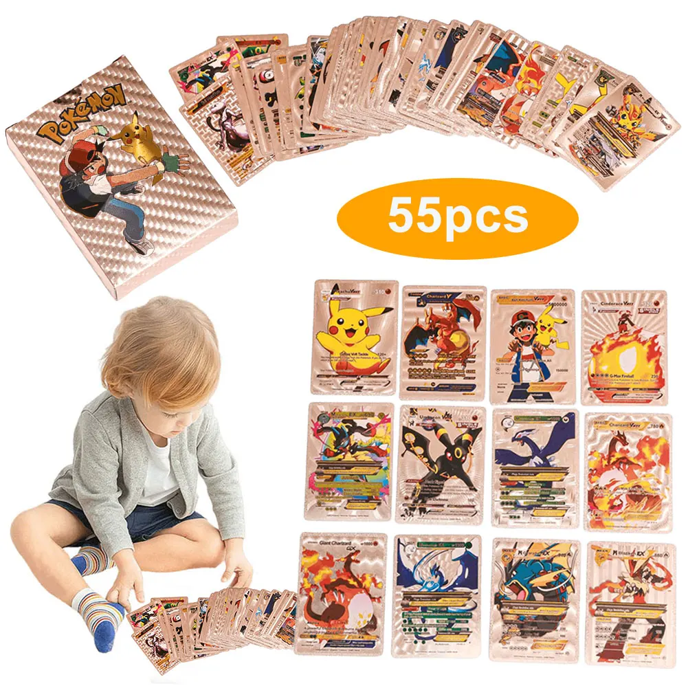 Juego de cartas de lámina dorada para niños, cartas de colección Ultra raras, juego completo de cartas de mesa, regalo para niños, 55 piezas