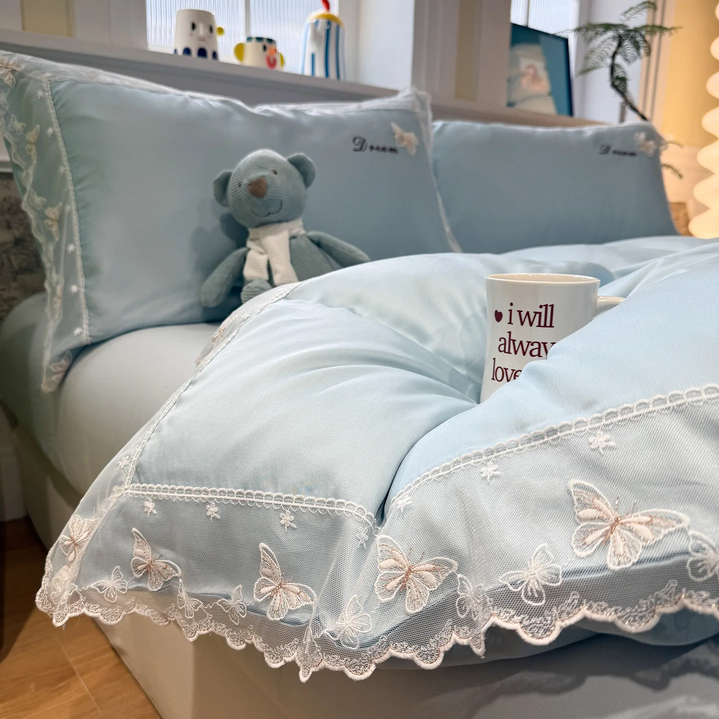 3/4Pcs Bedding Set Euro Summer Cooling Tencel Pre-Washed Silk Blue Butterfly Lace Trim Luxury Duvet Cover Includes Pillowcase