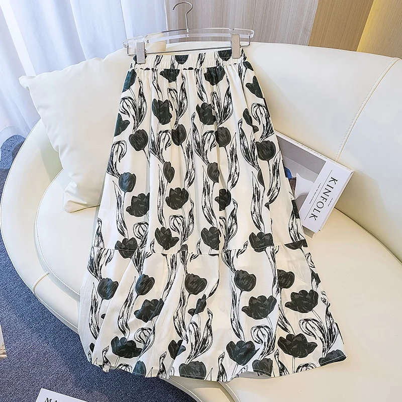 

plus Size Women's A-Line Skirt Pure Cotton Floral Print Hepburn Sle with kets Elastic Waist Midi Skirt Ele Versatile