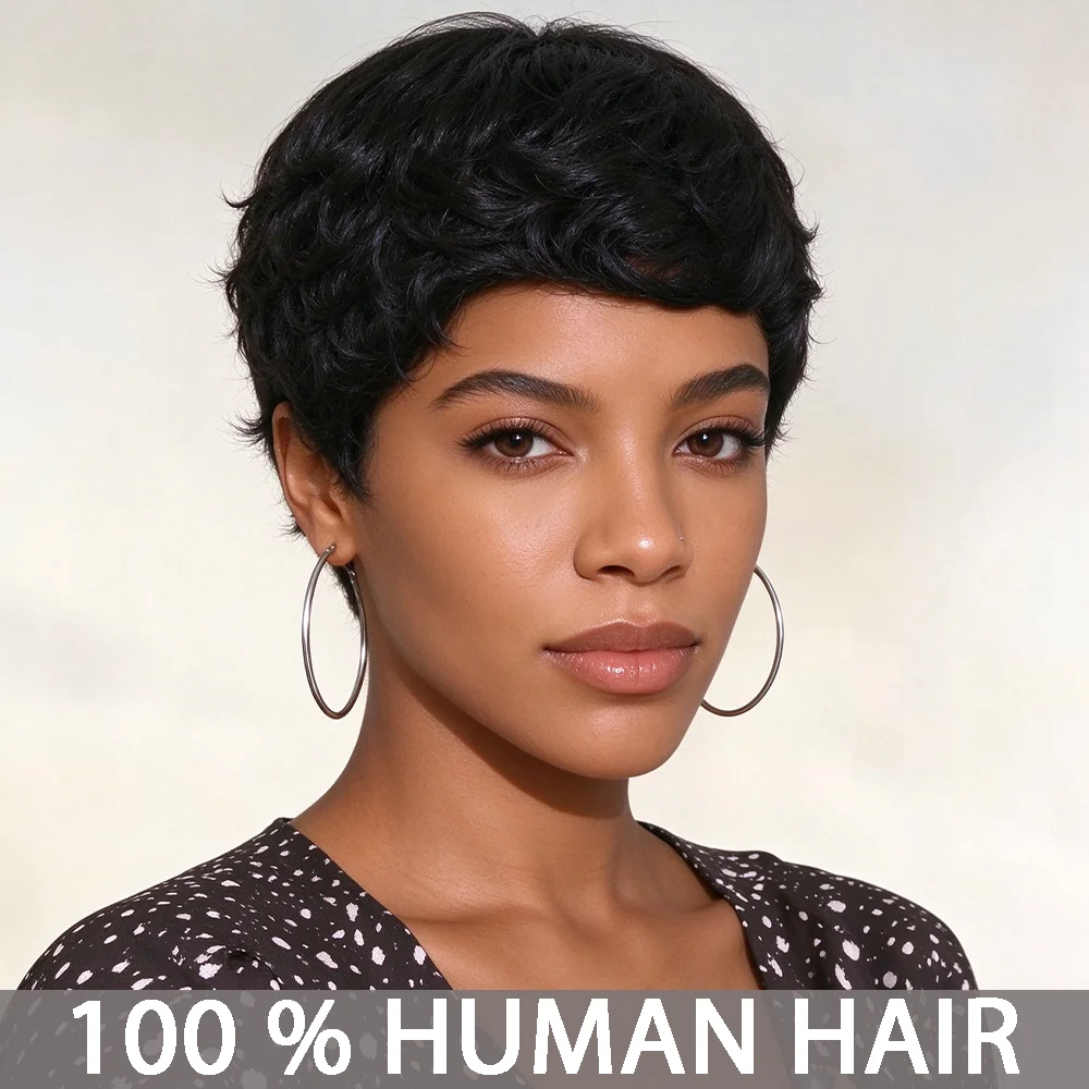 Pixie Cut Human Hair Wig for Women, 4 Inch 180% Density Real Human Hair Full Machine Made Comfortable All-Day Wear