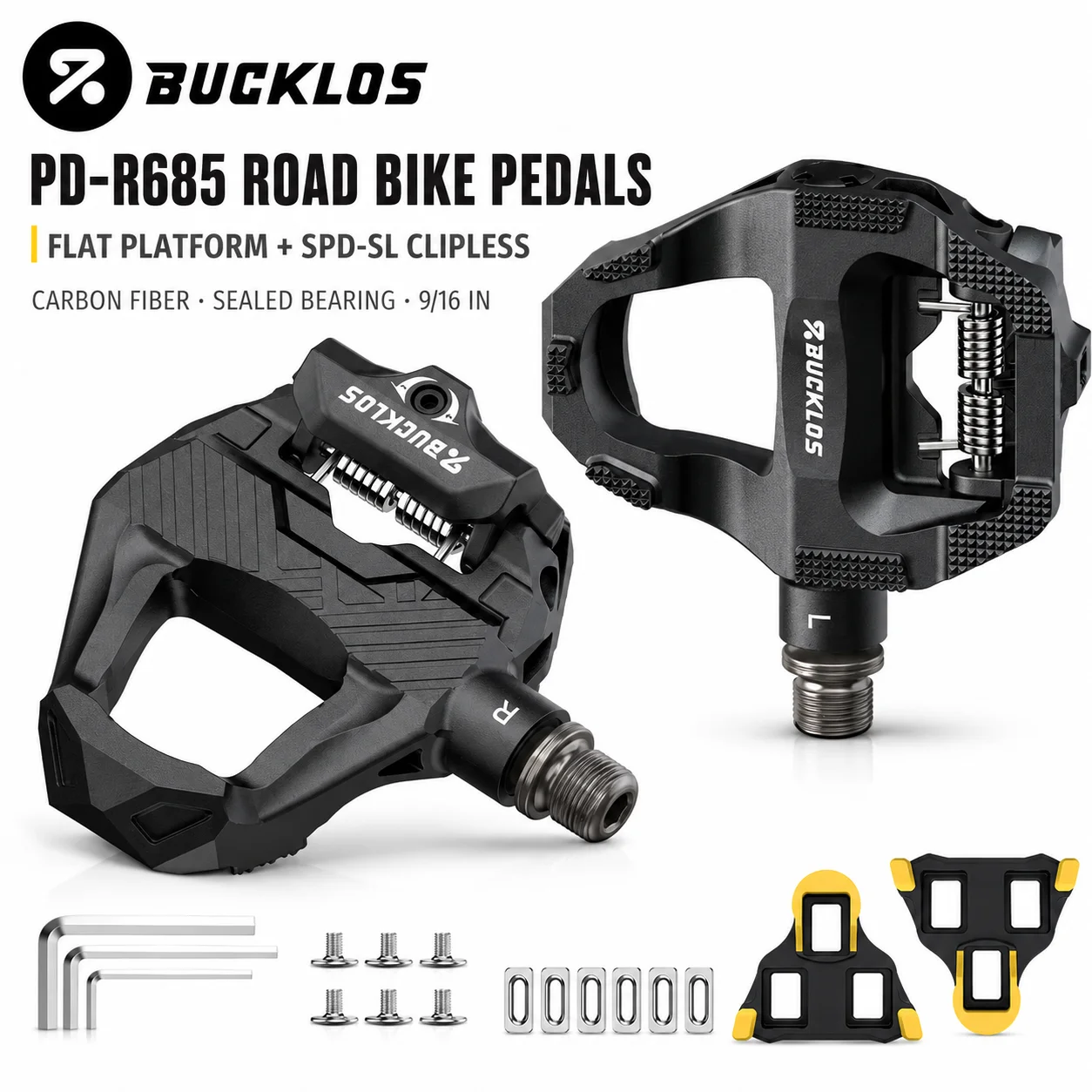 BUCKLOS PD-R685 Road Bike Pedals Carbon Fiber Dual-Function Flat Platform and SPD-SL Clipless Pedals Sealed Bearing 9/16 Inch