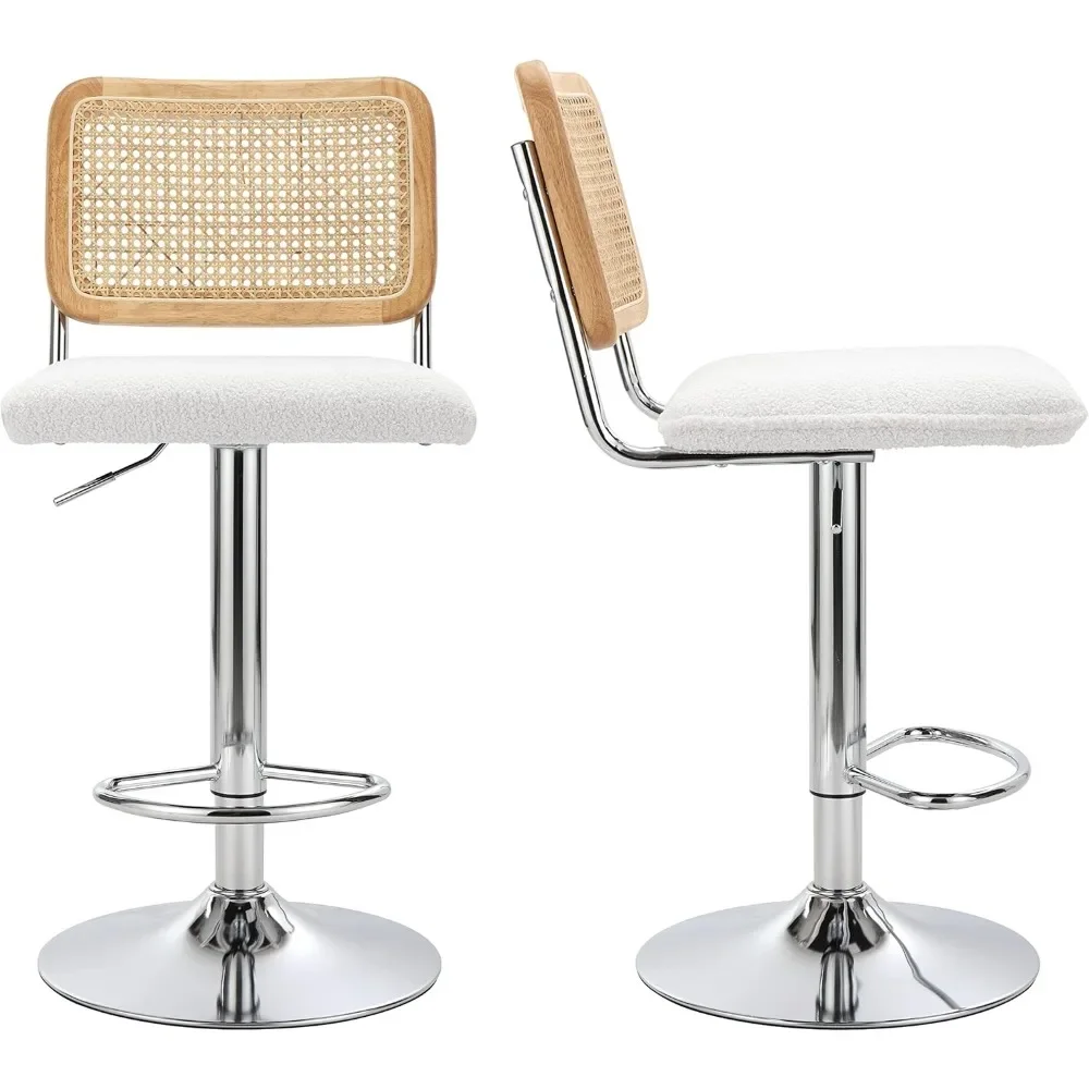 Modern Rattan Bar Stools Set, Cadeiras de altura ajustável, Tecido Natural Design, Assento giratório, Apoio para os pés, Cane Encosto, Conjunto de 2