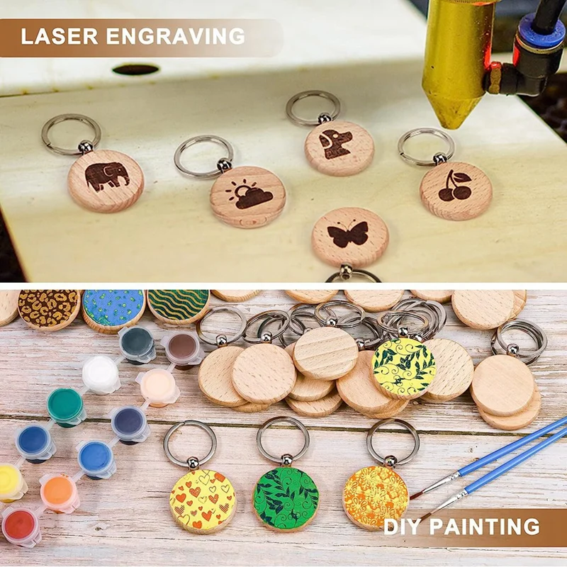 70PCS Wood Keychain Blanks, Wood Engraving Blanks Key Chain DIY Wood Keychains For DIY Crafts-Round