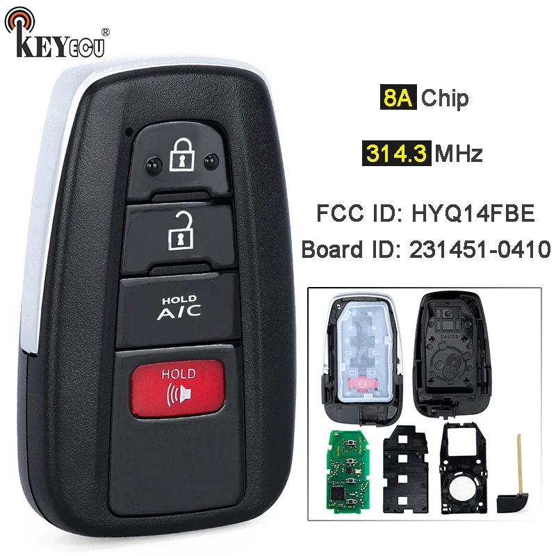 KEYECU 314.3MHz 8A Chip 231451-0410 HYQ14FBE 89904-47460 Smart Remote Key Fob A/C 4 Buttons for Toyota Prius Prime 2017-2021