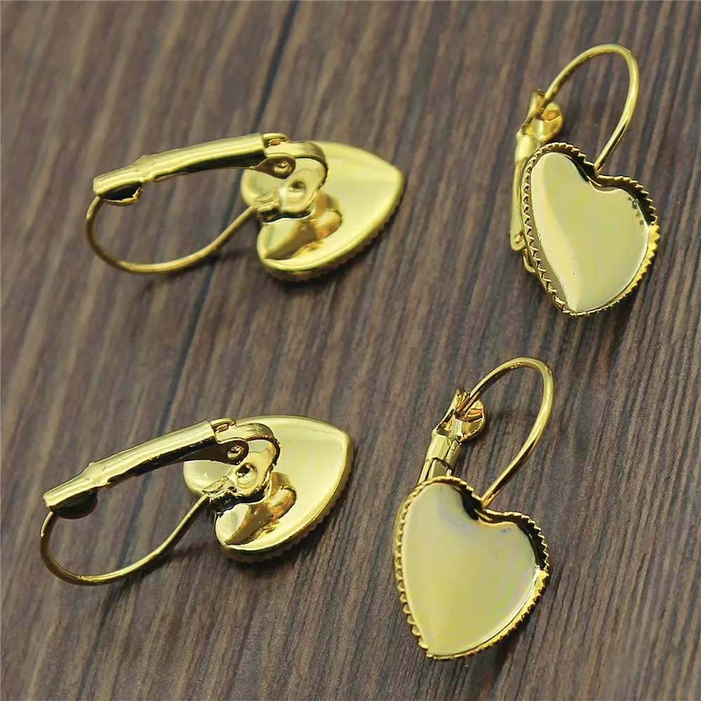 WYSIWYG 10pcs 5 Colors Fit 12mm Heart Glass Cabochon Copper Material Sawtooth Edge French Lever Back Earrings Base Findings