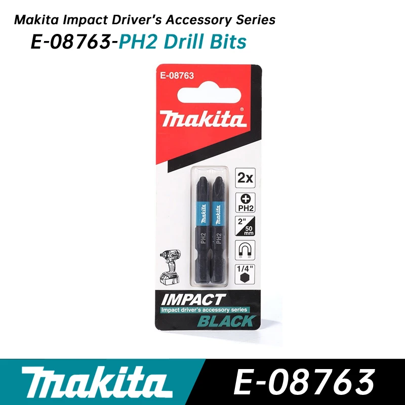 Makita 1/4 'черные ударные отвертки PH2 длина 50 мм 2 шт. Магнитная крестовая отвертка