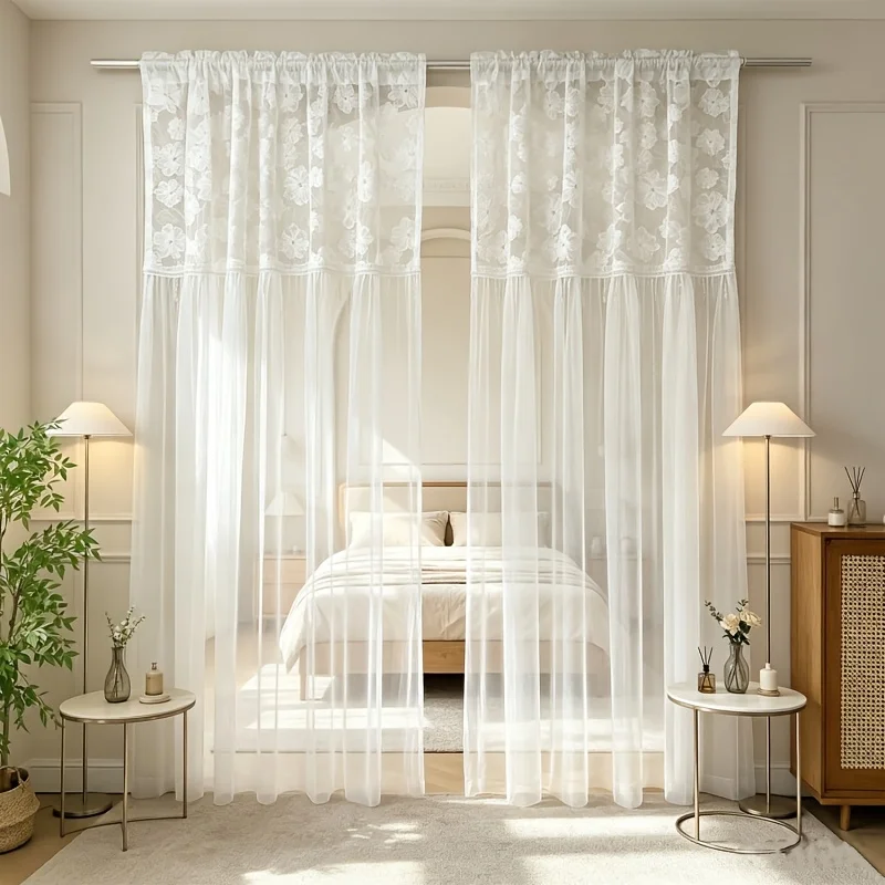 1PC French Country Style Camellia Lace Embroidered Transparent Sheer Curtain, Crystal Pendant Decor, Top Rod Treatment, High-Qua