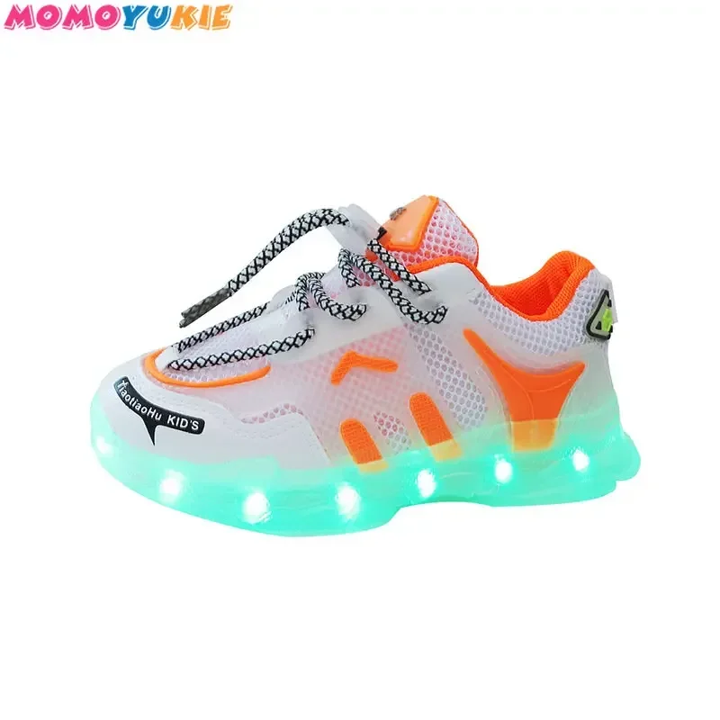 Zapatillas de deporte de verano 2023 para niñas, niños, zapatillas Led de malla, zapatos informales transpirables, carga USB, zapatos LED para