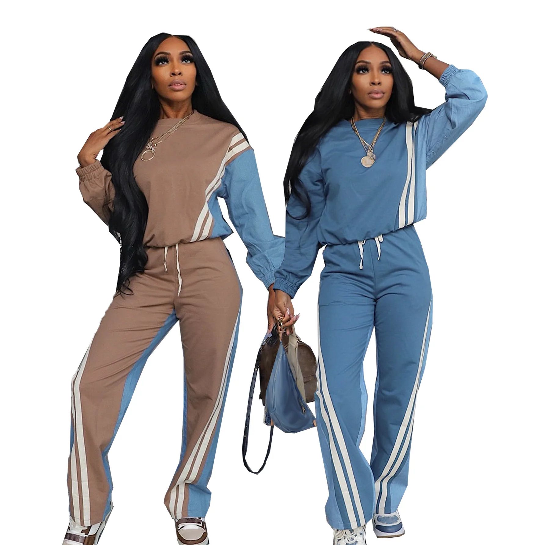 

Women Set Fall Winter Fashion Color Block Patchwork Tracksuit Sports Top Long Pant Casual Two 2 Piece Set Women Sweat Sets