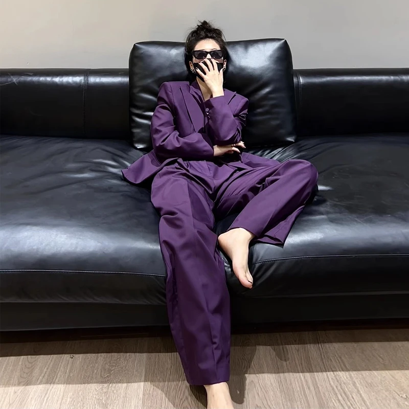 

Autumn Winter Purple Blazers Two Piece Set New Women Notched Neck Single Breasted Loose Office OL Suit Coat +Wide-Leg Pants Suit