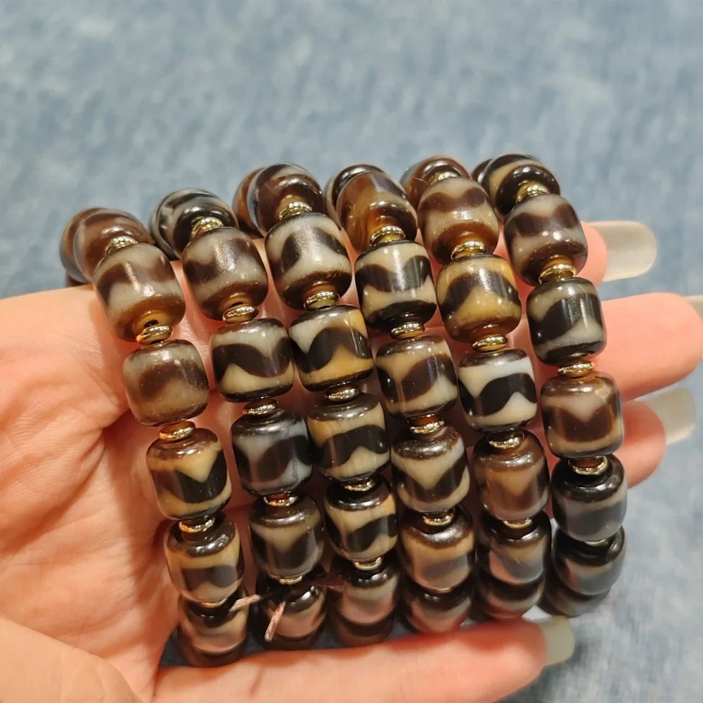 Tibetan Ethnic Style 10mm Vintage Hand Chain Natural Agate Dzi Tiger Teeth Totem Tianzhu Men's and Women's DIY Bracelet