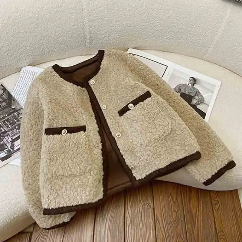 Lucyever Autumn Winter Lamb Wool Jacket Women Korean Thicken Contrast Short Plush Outwear Female Vintage Loose Long Sleeve Coat