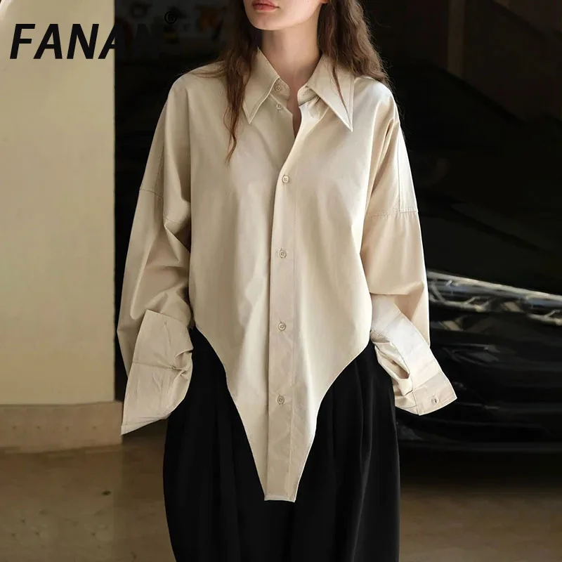 

FANAN Irregular Design Women's Shirt Lapel Single Breasted Long Sleeve Fashion Blouses Tide Tops 2025 Spring Autumn New