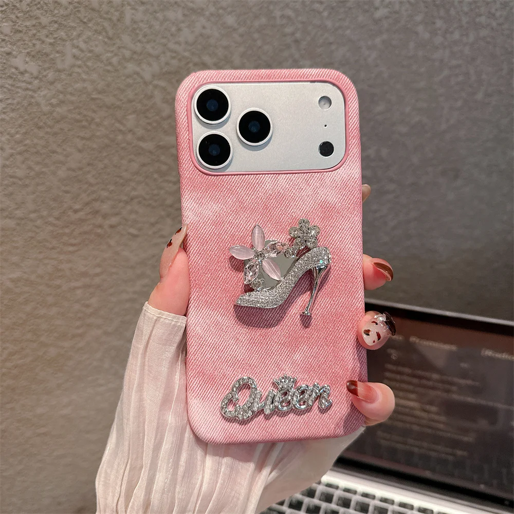 

Y2K Luxury Sparkle 3D Diamond High Heel Queen Phone Case for iPhone 17 Pro Max Girly Jeans Texture Cover for iPhone 16 15 14 13