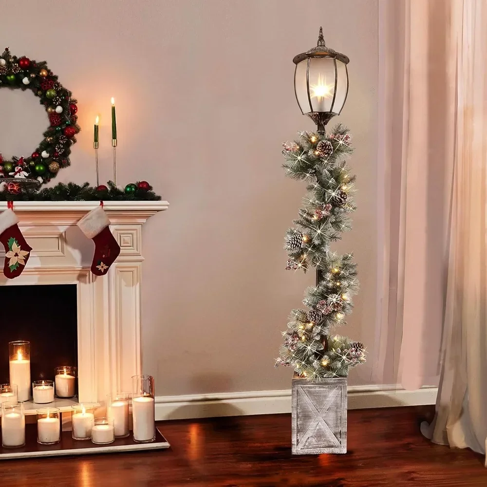 

7-foot Pre Lit Christmas Lamp Post with Decorative Floral Wreath and 50 Pieces of Fabric, Warm White LED Lights, Multiple Colors