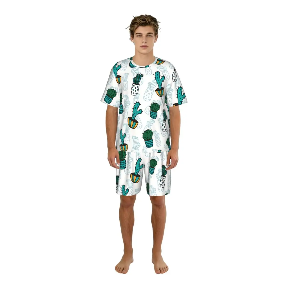 Summer Men Pajama Set Funny Cactuses Short Sleeve Sleepwear Casual Homewear Loose Fit Nightwear