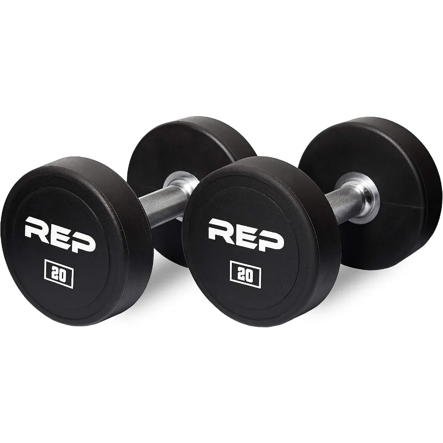 Fitness Urethane Coated Round Dumbbells, 5 to 100 lbs, Singles or Pairs, With or Without Rack, Steel Core, Rubber Encased, Chro