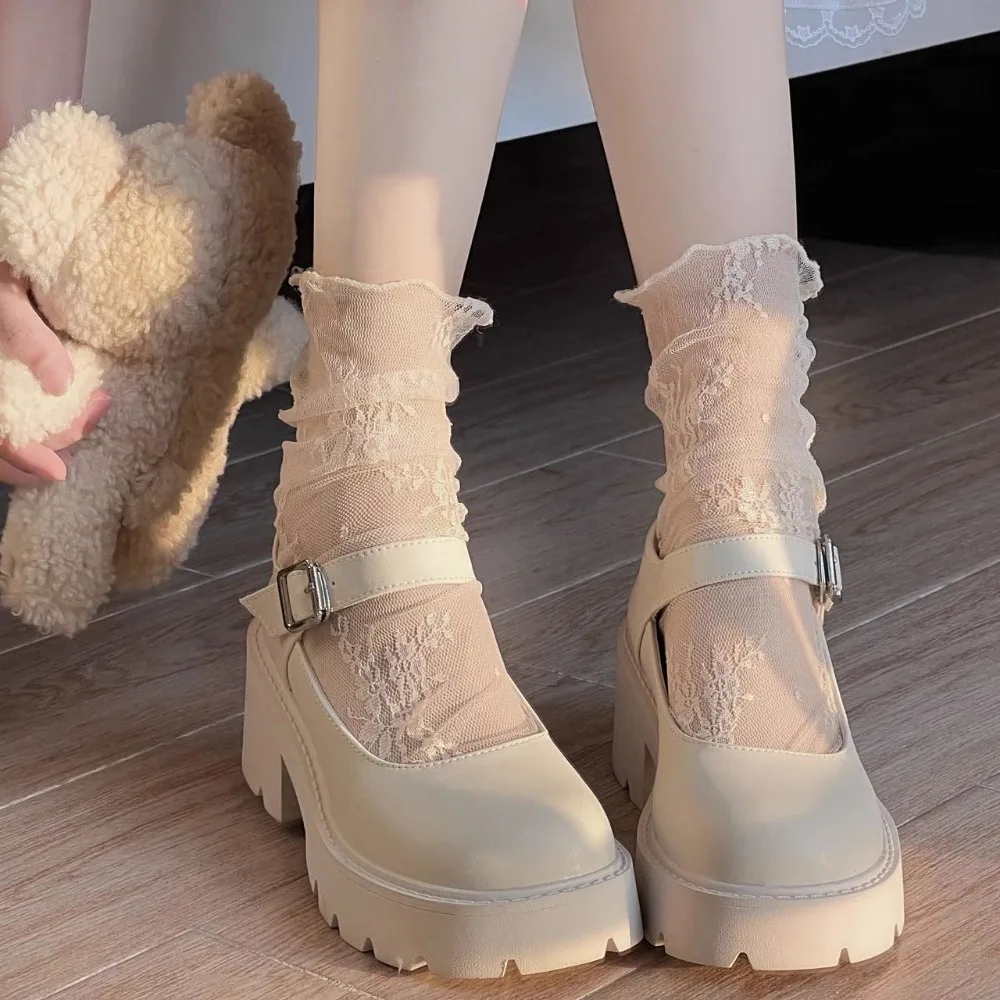 Дышащие прозрачные сетчатые кружевные носки с цветочным принтом, шикарные тюлевые тонкие носки средней длины с цветочным принтом, корейский стиль, JK, весна