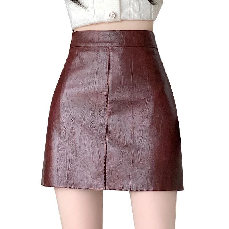 

Chic Folds Fashion PU Leather Skirts Women Korean Streetwear High-waisted Casual Slimming A-line Bodycon Mini Skirt