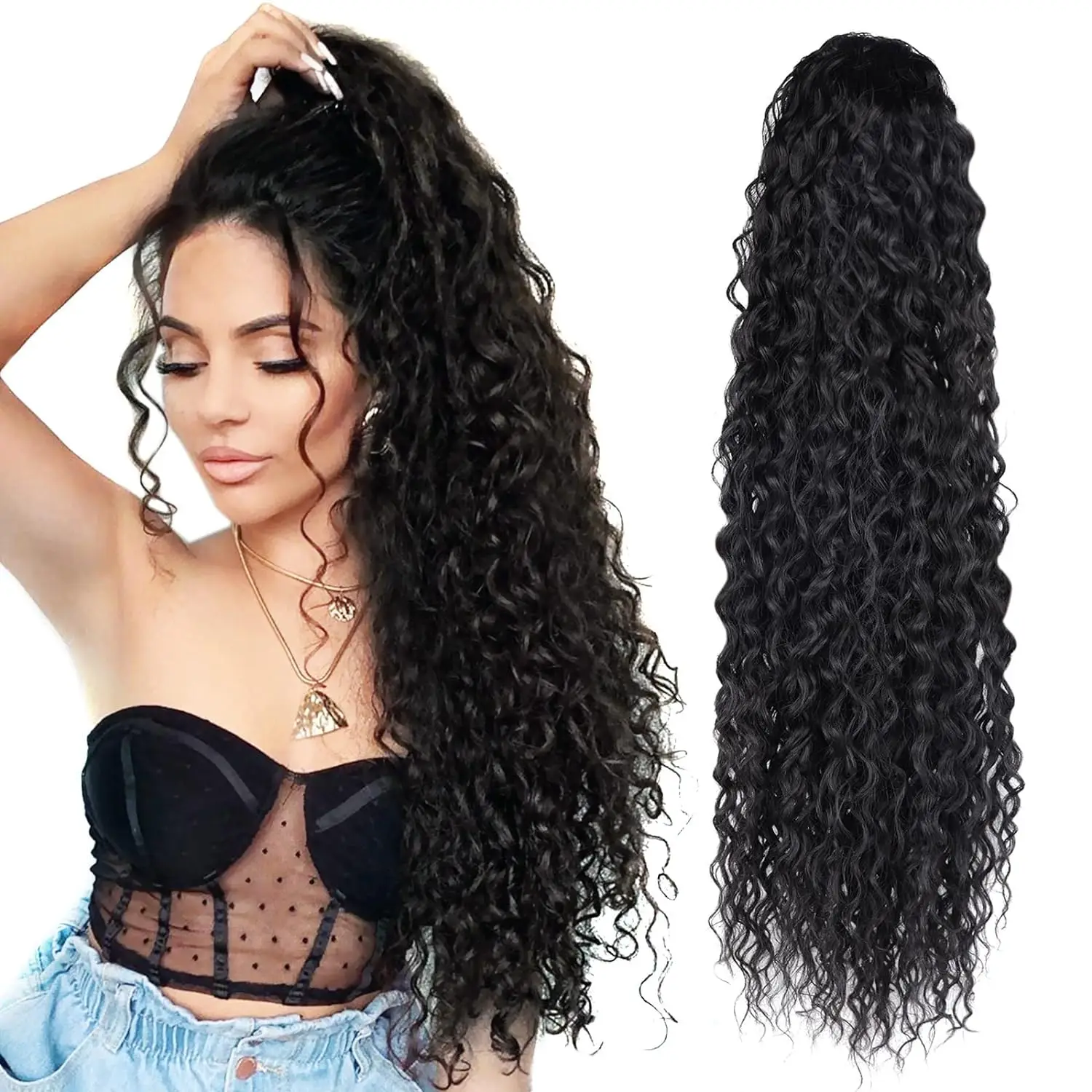 Synthetic Hair Afro Drawstring Ponytail Extensions Long Wig 22Inch Water Curly Wave Black Clip Women Girl Hairpiece False Daily