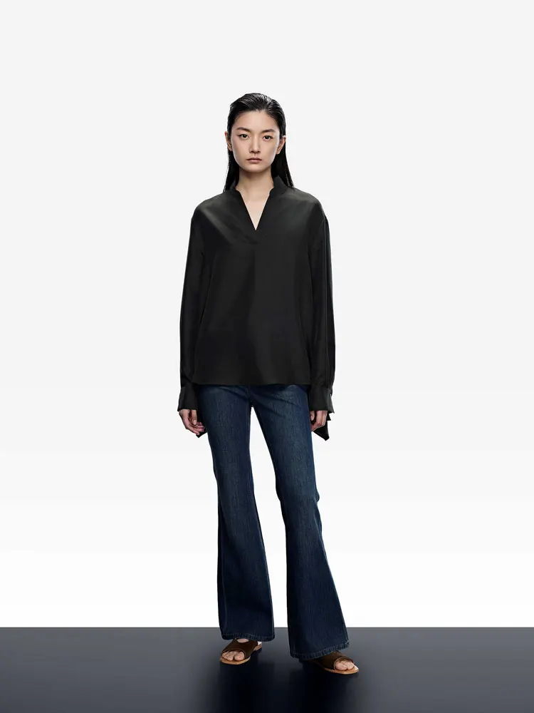 

Noxiao La Authentic Silk Power Silk V-ne Long Sve irt Корейский Sle Свободный крой для поездок на работу Ветер Тонкий Cool Sensation Женский ...