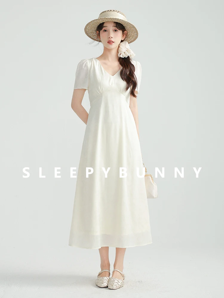 

Elegant Satin Jacquard Dress Women Summer High Waist Slim A-Line Midi Dress V-Neck Short Sleeve Beige Party Outfit Casual Look