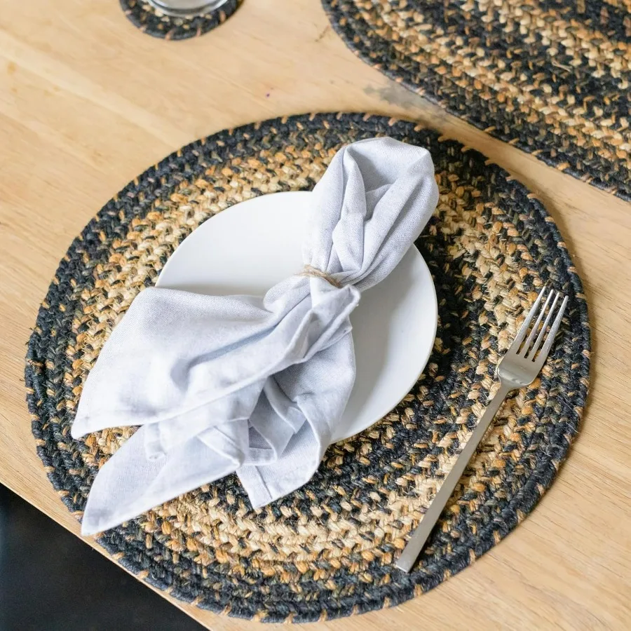 

Набор круглых салфеток Kilimanjaro из джутовой ткани из 6 штук, 15 дюймов, теплый примитивный декор, черные и коричневые настольные коврики — яркие цвета, прочный,