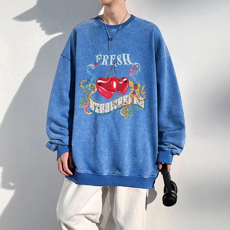 Vintage Men Washed Sweatshirt Fresh Cherry Carnival Party Prints Hoodies Cotton Oversize Casual Pullover Autumn Couple Clothes