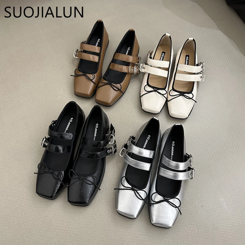 SUOJIALUN Spring New Brand Women Flat Shoes Fashion Round Toe Flat Heel Ladies Casual Mary Jane Shoes Shallow Dress Ballerinas S