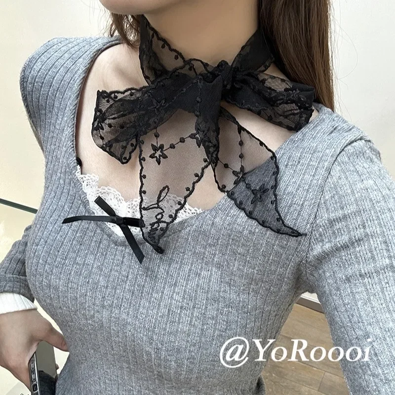 Wiosenno-jesienny cienki koreański retro szal z koronką, długi jedwabny szalik, elegancki, literacki i uniwersalny, w stylu Ins, na ulicę, dla kobiet, typu streamer.