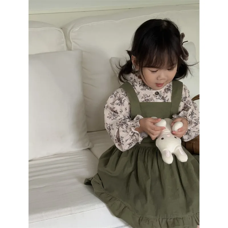 Children Clothing Set 2023 Autumn New Retro Floral Shirt for Girls French Style Cotton Long Sleeve Top Dress Two Piece Set