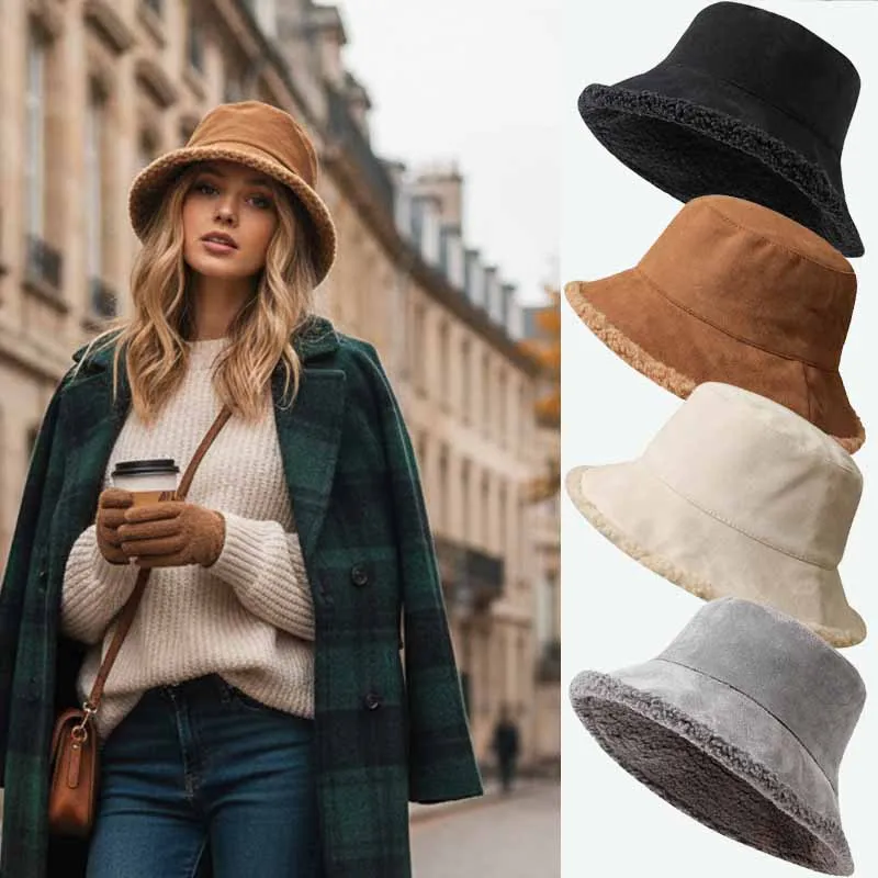 Autumn/winter Double-sided Japanese Bucket Hat Women's Warm and Cold-proof Face Cover Thickened Imitation Lamb Plush Basin Cap