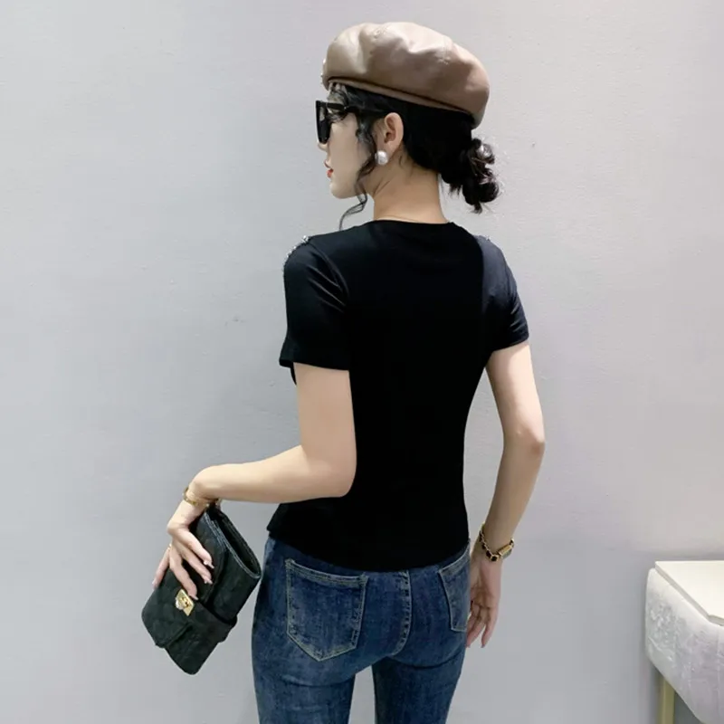 Summer New Sexy Off Shoulder Elastic Cotton T-shirt For Women's Luxury Hollow Out Beaded Irregular Fashion Slim Tops Blouse