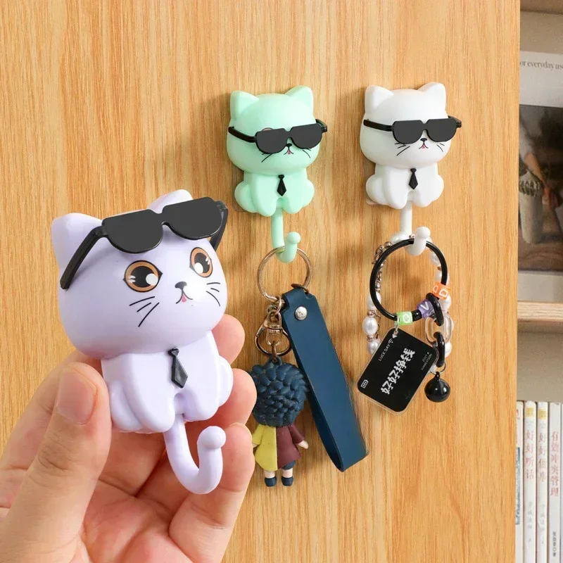 Cute Plastic Cartoon Cat Hooks Wall Hanging Decorative Key Hangers Waterproof Sunglasses Cat Hooks Self Adhesive Storage Hooks