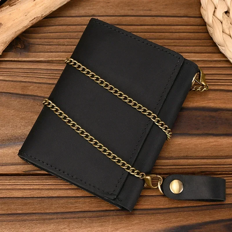 Men Genuine Leather Short Wallet with Chain Zipper Clutch Wallets Male Short Trifold Purse Card Holder Change Coin Purse