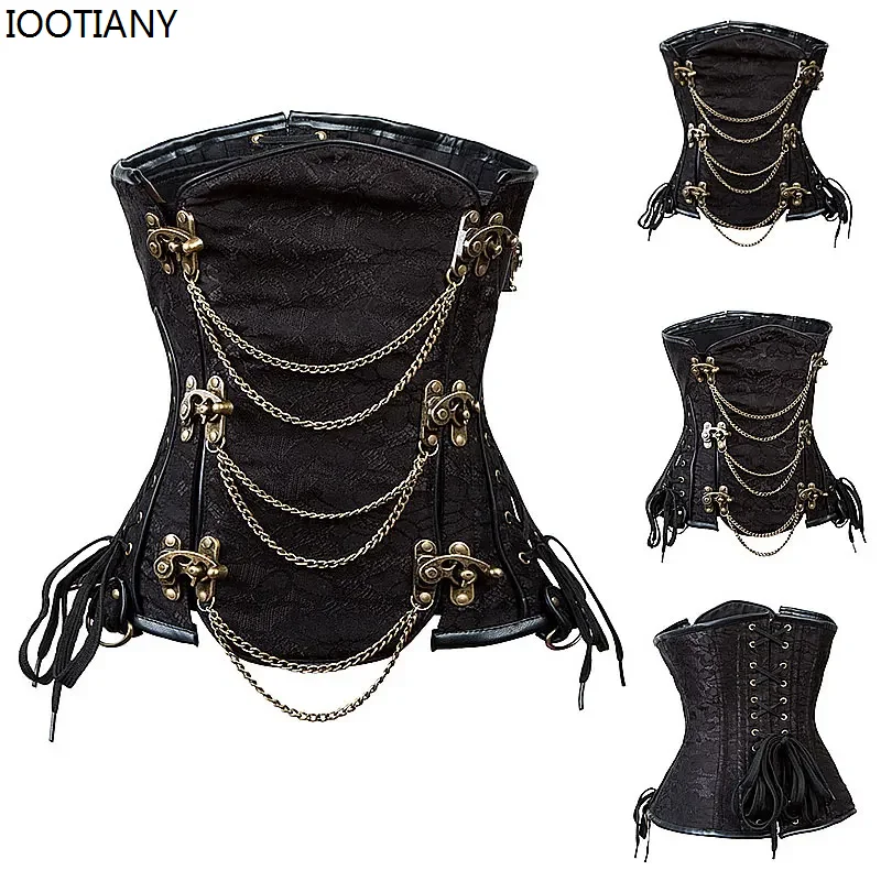 

2024 Metal Chain Punk Shapewear Vintage Brown Brocade Steel Boned Underbust Corset Women Sexy Gothic Korset Bustiers