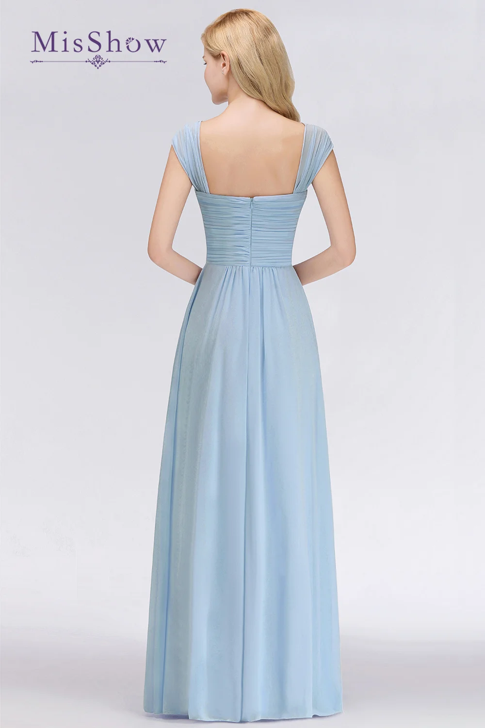 MisShow Modest Sky Blue Chiffon Bridesmaid Dresses with Ruffles Elegant Long Formal Evening Prom Gowns For Wedding Party