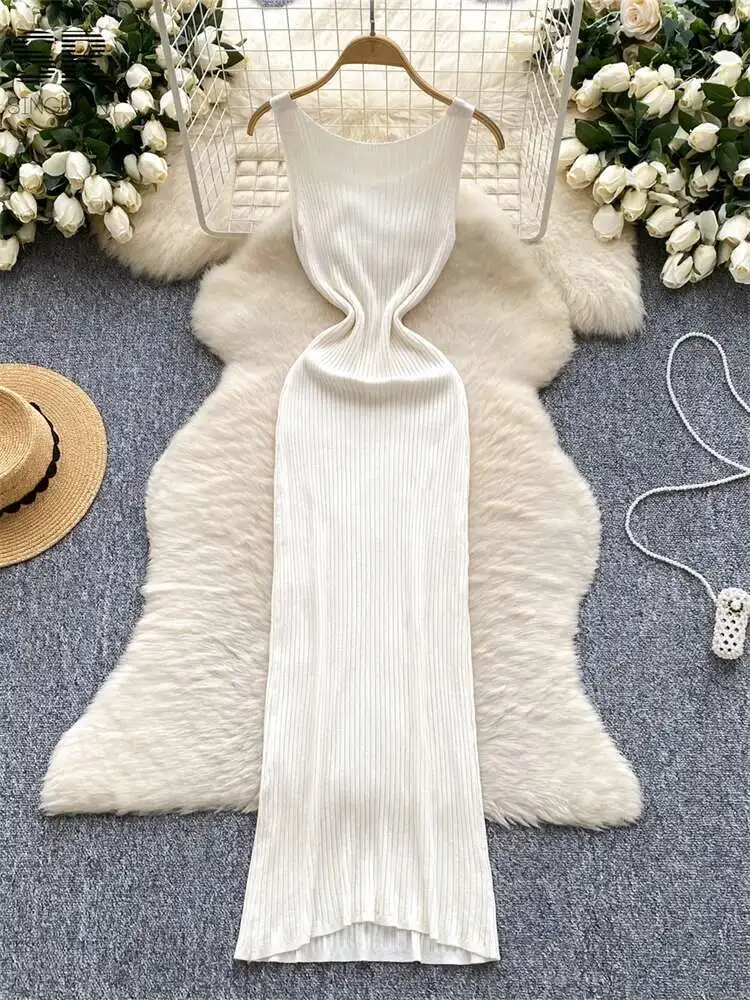 Babyoung sexy kniiting chique vestidos femininos sem mangas o pescoço bodycon sólido magro de alta qualidade elástico básico longo vestido tanque