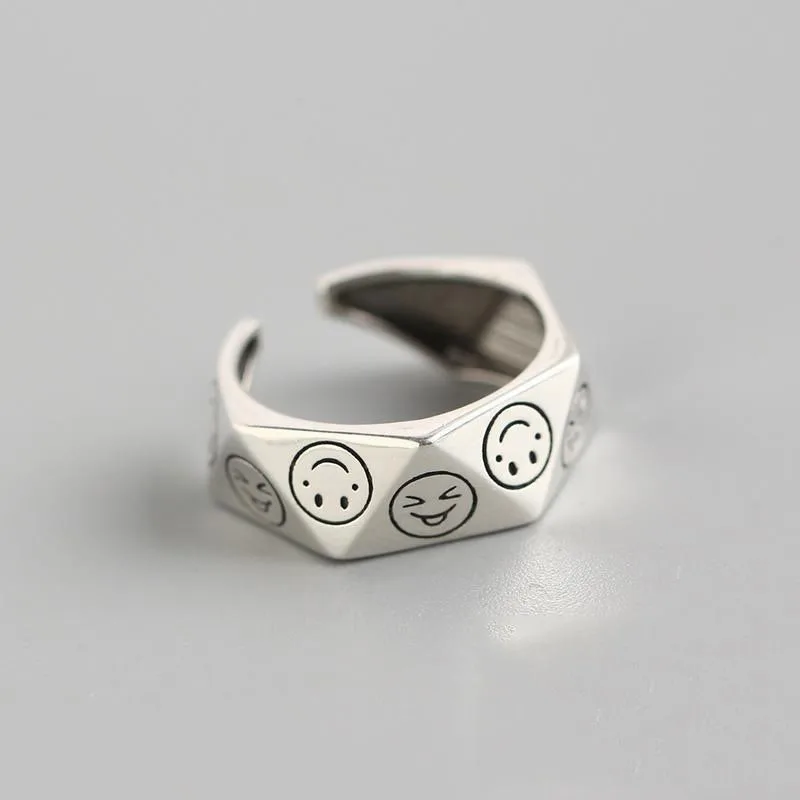 

S925 Sterling Silver Smile Star Double Layer Ring, Cute Smiley Face Ring for Women