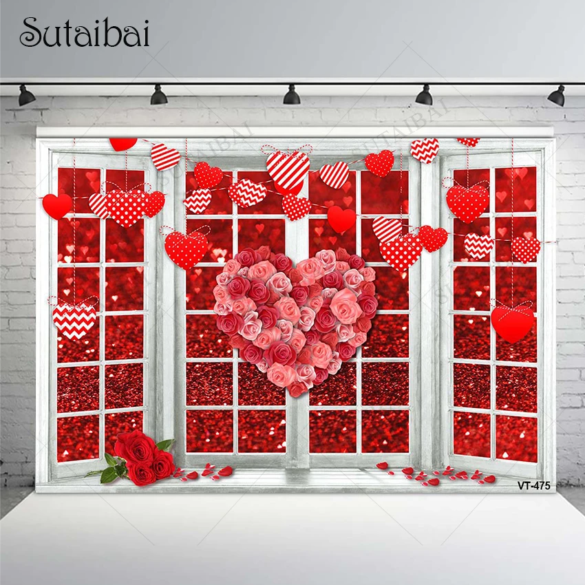 

Happy Valentines Decoration Marriage Backdrops Wooden Windows Red Love Heart Flowers Wedding Bridal Shower Vinyl Photo Props