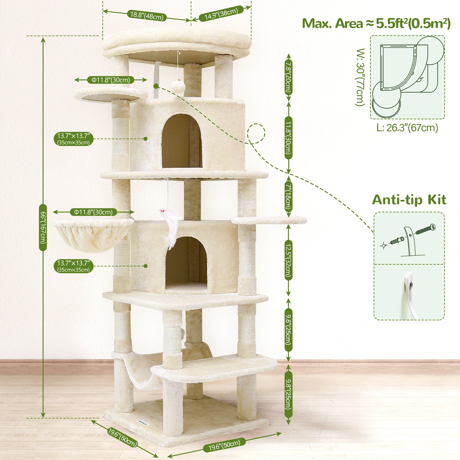 C66 Large Cat Tower, Curved Series Corner Cat Trees and Towers for Large Indoor Cats with Big Cat Condos, 6 Scratching Posts