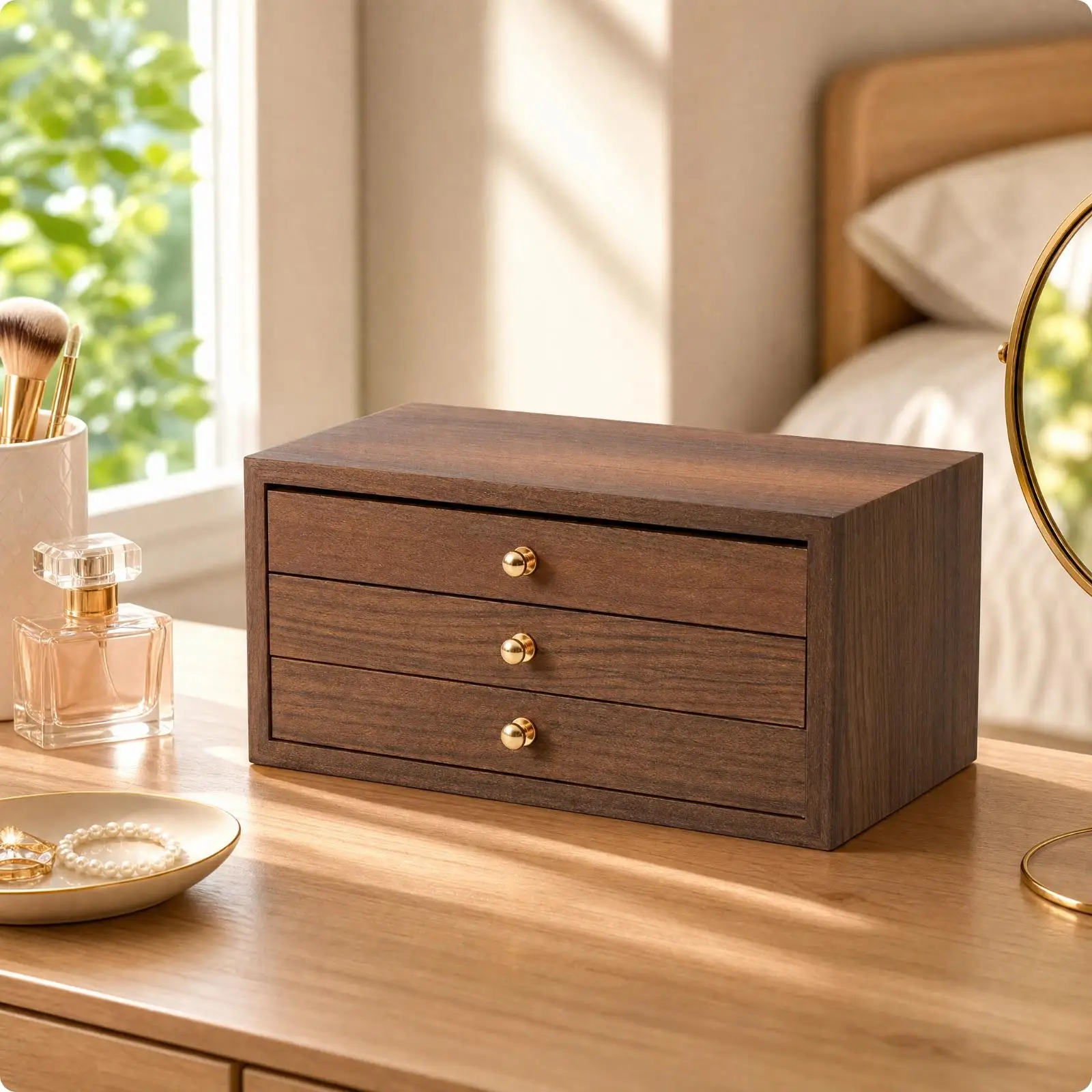 Large Wood Jewelry Organizer Cabinet with Compartmented Drawers for Earrings Rings Necklaces Storage Box for Bedroom Dresser