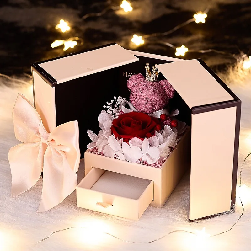 Eternal Flower Gift Box Premium Rose Gift Box Bear Double Door Valentine's Day Gift Jewelry Packaging Box