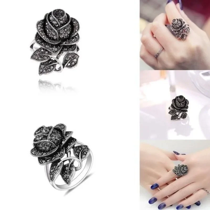 Exaggerated Retro Diamond Inlaid Rose Design Artistic Atmosphere Court Style Personalized Design Temperament Food Ring