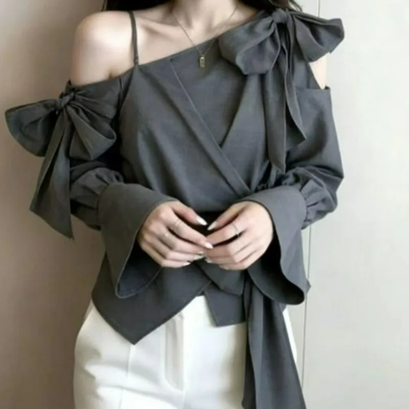 

Spring New Korean High-end Shirt Women's Chic Fashion Bow Slanted Shoulder Irregular Shirt Exquisite Simple Casual Personality
